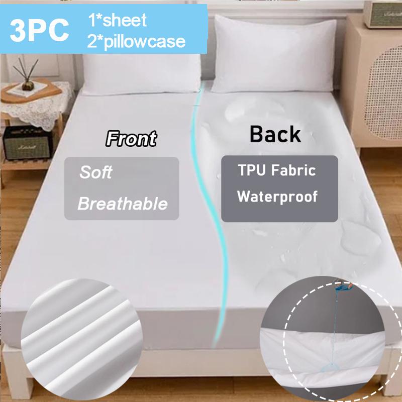 3PC Waterproof Bed Sheet Set Solid Color Moisture-proof Dust-proof Non-slip Mattress Protector Soft Comfortable Bedding Set Deep Pocket Bed Sheet