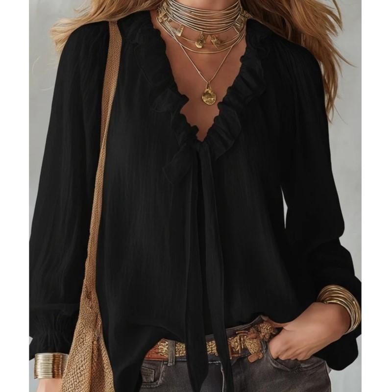Damen Sommer Weißes Hemd Einfach Locker V-Ausschnitt Mode Uni Rüschen Spleißdesign Langarm Top Lässig Schnürung Blusen Damen