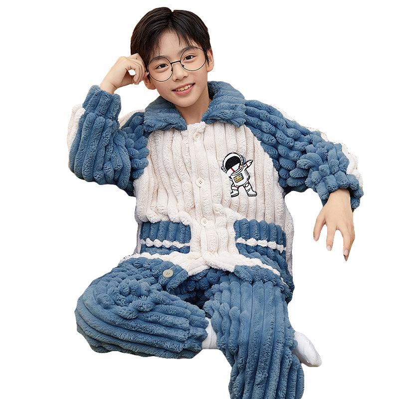 Cute Cartoon Boys' Coral Fleece Pajamas - Cozy Winter Flannel Sleepwear for Kids
