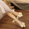 Fashion One Word Buckle Bow Baotou High Heels Women's New Wedding Pointed Toe Shallow Mouth Beaded Pearl Non-slip Sandals
