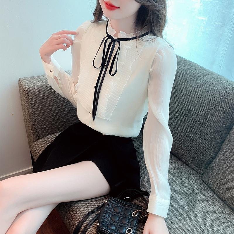 Fashion New 2025 Winter Long Sleeve Lace-Up Stand Collar Apricot Velvet Chiffon Blouse Shirt Women Tops Blouses Shirts J783