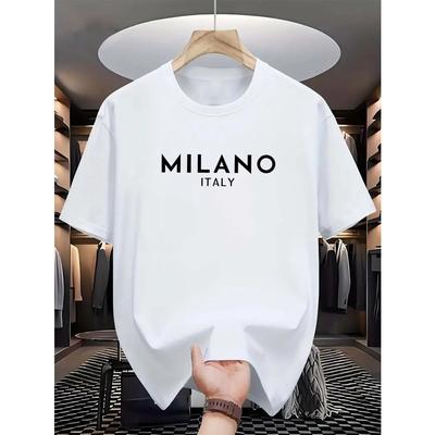 Summer Men's 100% Pure Cotton Casual Loose and Fashionable MILANO ITALY Letter Printed Round Neck Short Sleeved T-shirt Top