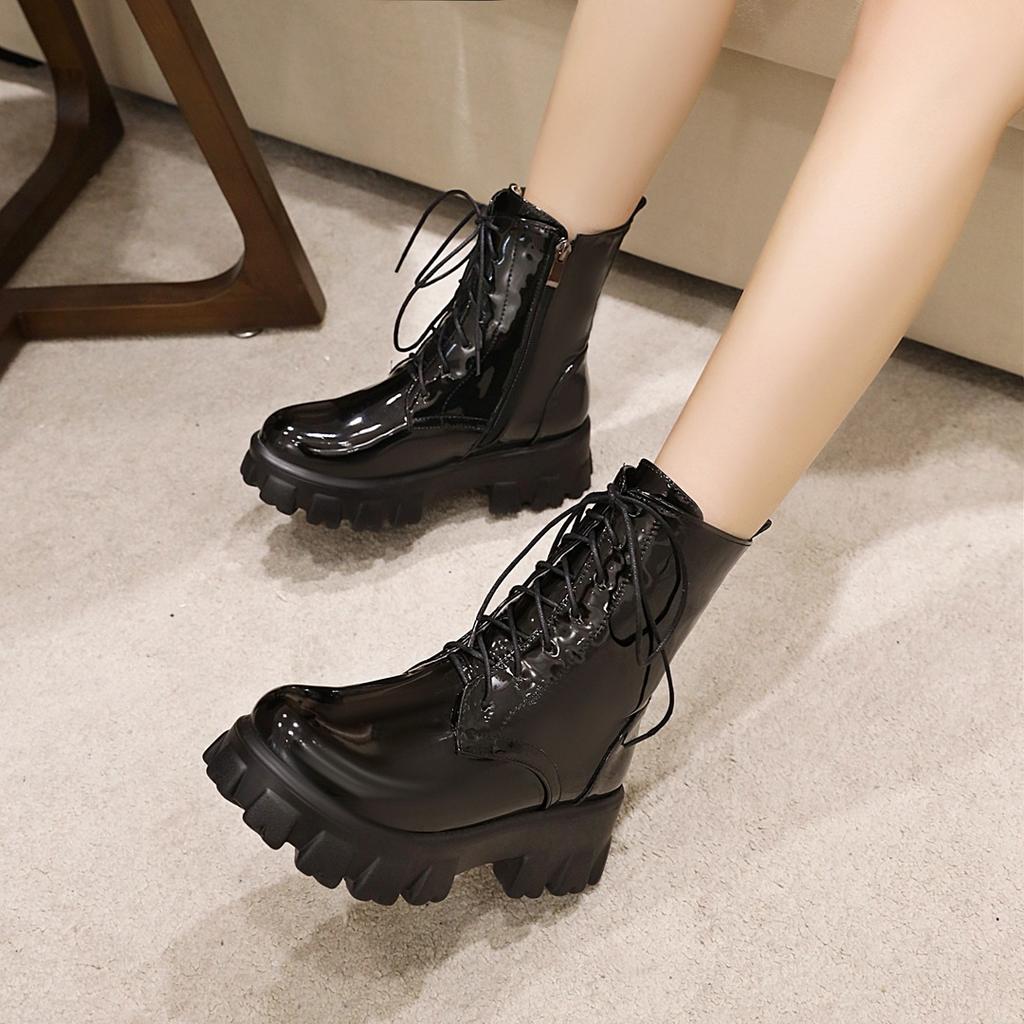 Women Boots Patent Leather Platform Shoes Ankle High Heel Boots Women Autumn Winter Warm Platform Boots
