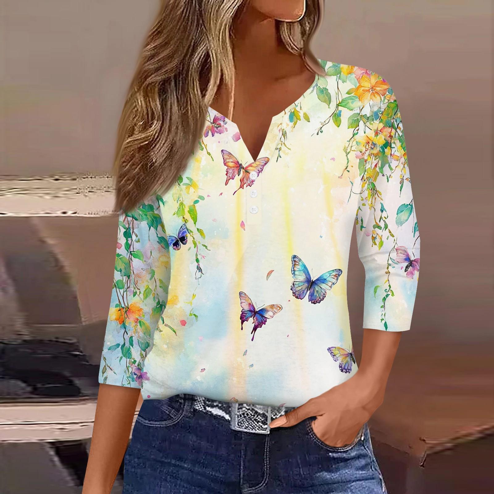 

Жен. Футболка Футболка С принтом Пуговицы Рукав 3/4 Повседневные Выходные Мода Классический V-образный вырез Обычный Топ XXXL жёлтый