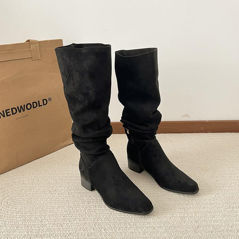 Design Pleated Pointed Toe Women Knee High Boots Fashion Thick Heels Party Dress Long Booties Autumn Winter Ladies Shoes