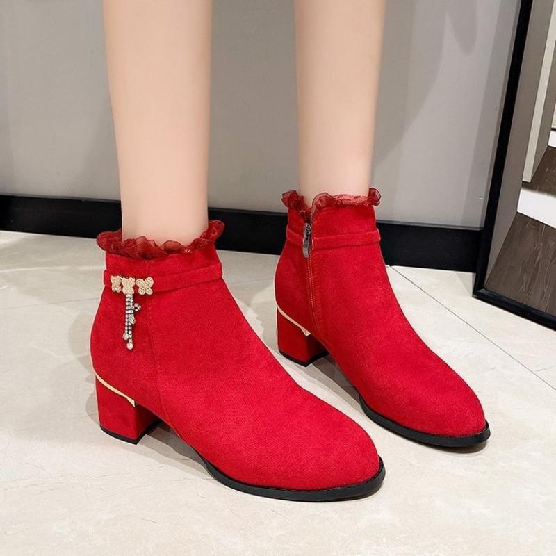 

Осенне-зимние красные матовые женские короткие ботинки из мягкой кожи, с круглым носком и толстым каблуком, ботинки Мартин, бархатные теплые ботинки на среднем каблуке 41 красный