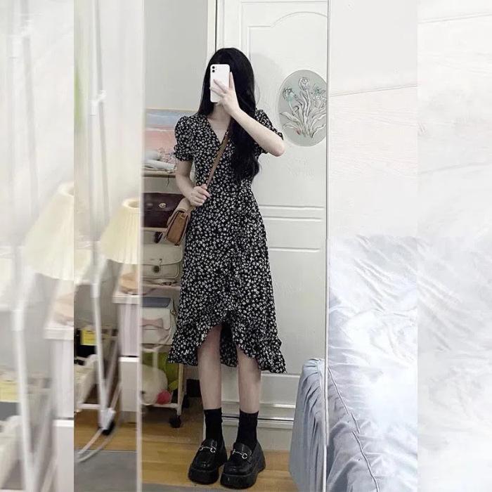 Women s Floral V-Neck Puff Sleeve Fishtail Midi Dress - Hepburn Style Large чёрный