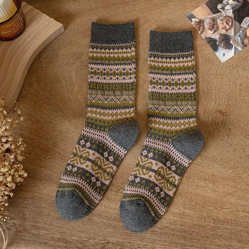 Japanese Retro Ethnic Style Maillard Fair Island Warm Knitted Socks For Women