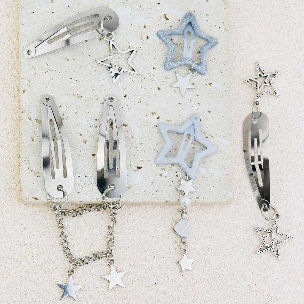 10Pcs/5Pcs Star Pendant Hair Clips Unique Pentagrams Barrettes for Women Hair Accessories Metal Chain Gothic Hair Pins