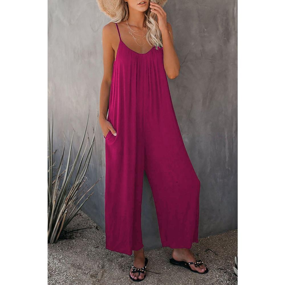 Women's V Neck Sleeveless Loose Fit Jumpsuit Solid Color Pocket Elegant Summer Polyester Wide Leg Romper