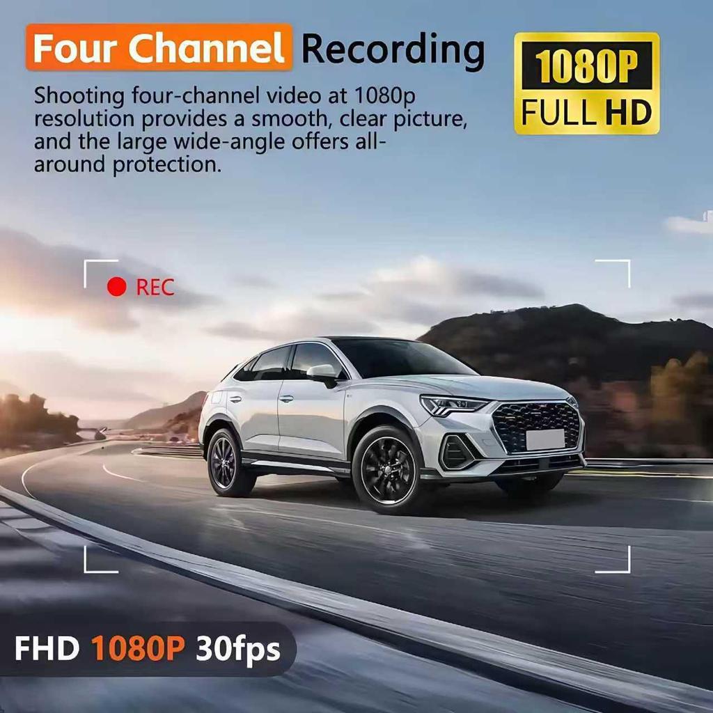 3.0-inch IPS HD Dash Cam with Four Lenses, Night Vision, Loop Recording, WiFi.