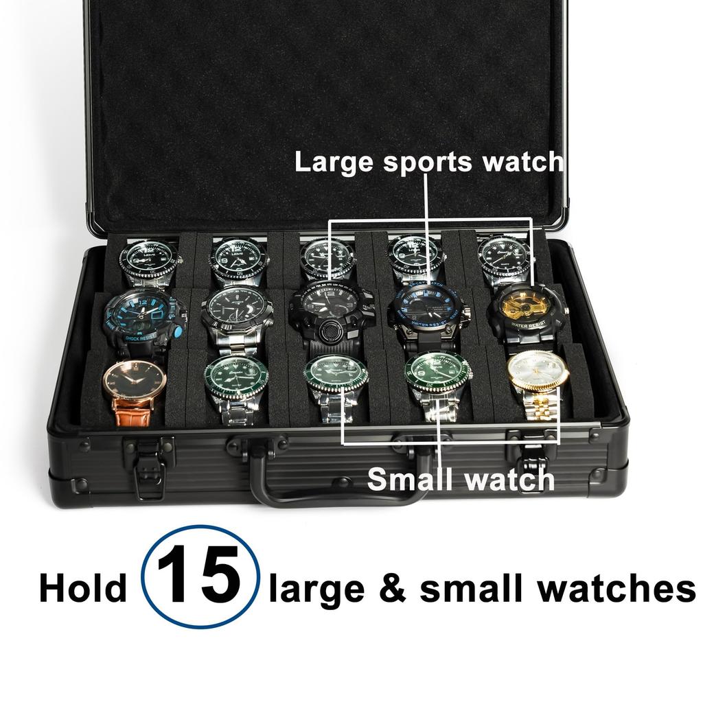 AUKURA Aluminum Watch Deluxe Watch Storage Box Display Fits Large Watches up to 55mm 15-Slot Case, Organizer.