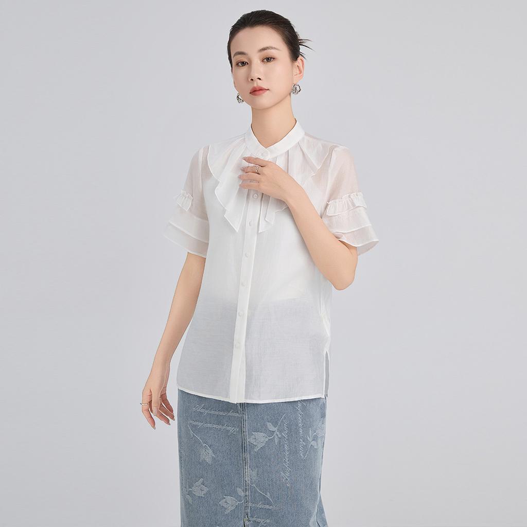 [Shirt] Summer solid color temperament commuting elegant slimming women's short-sleeved top
