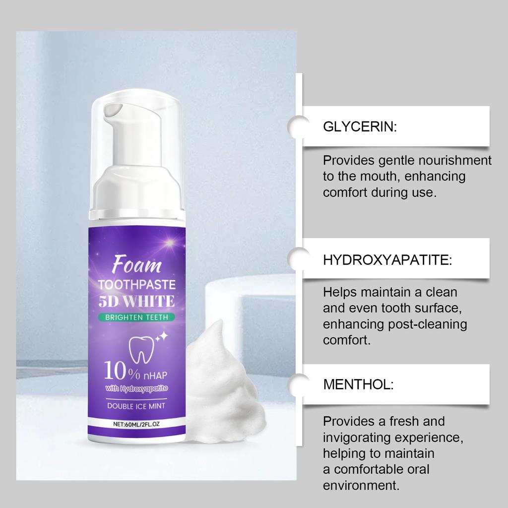 5D Bright White Foaming Toothpaste Gentle, Cleansing, Whitening Teeth, Refreshing and Glowing, Fresh Breath, Oral Care, Cleanliness, Toothpaste