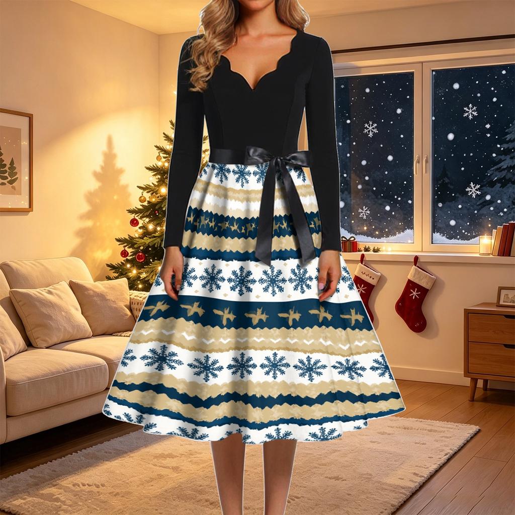 Women's Vintage Christmas Print V-Neck Long Sleeve Casual Dress