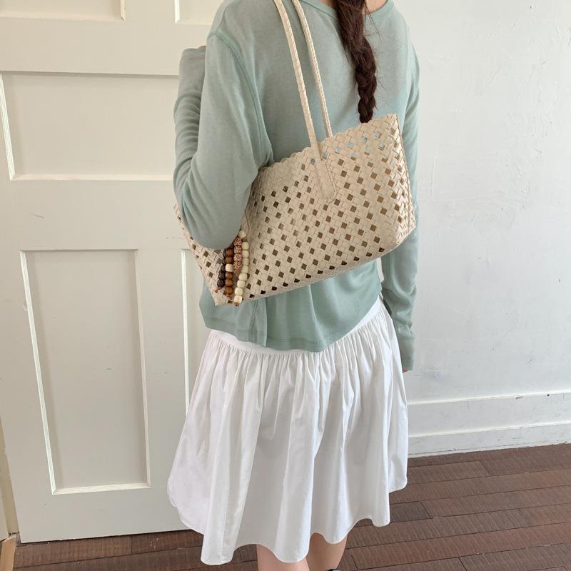Foldable Women Hollow Woven Tote Bag Large Capacity Casual Shoulder Handbag for Travel Beach Grocery Shopping