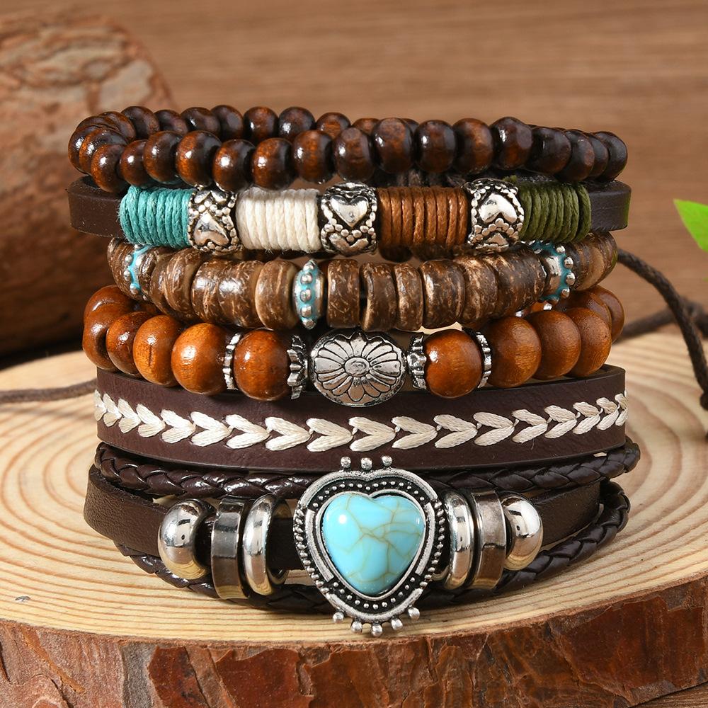 Boho Beaded Stack Bracelet Set, Multi-Layer Wood & Turquoise Bead Bracelet for Women, Bohemian Casual Beach Jewelry