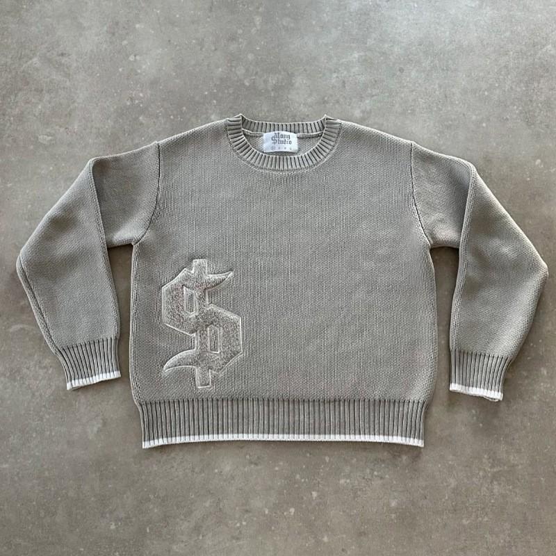 Gray Long Sleeve Knit Sweater Gothic Embroidery Vintage Casual Winter Top Teens
