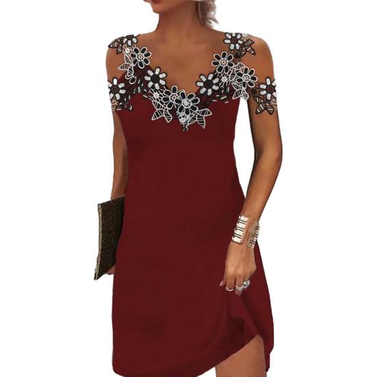 Women Summer Lace Stitching Sling Mini Dress V-neck Cold Shoulder Sleeveless Slim Fit Short Dress Streetwear