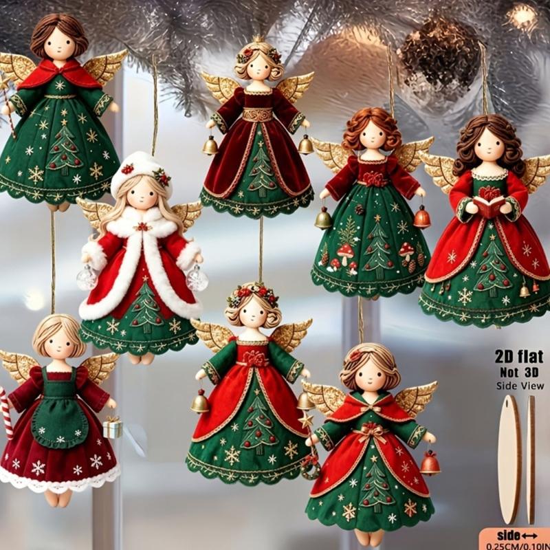 Corded Christmas Angel Decorations, Illustrated Wooden Figures for Seasonal Displays, Gift Bags, Wreaths, and Mantels