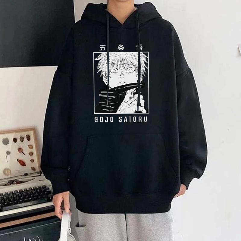 

Новые толстовки с капюшоном с принтом аниме Gojo Satoru для мужчин и женщин, унисекс, с длинным рукавом, толстовки с капюшоном для пар XS чёрный