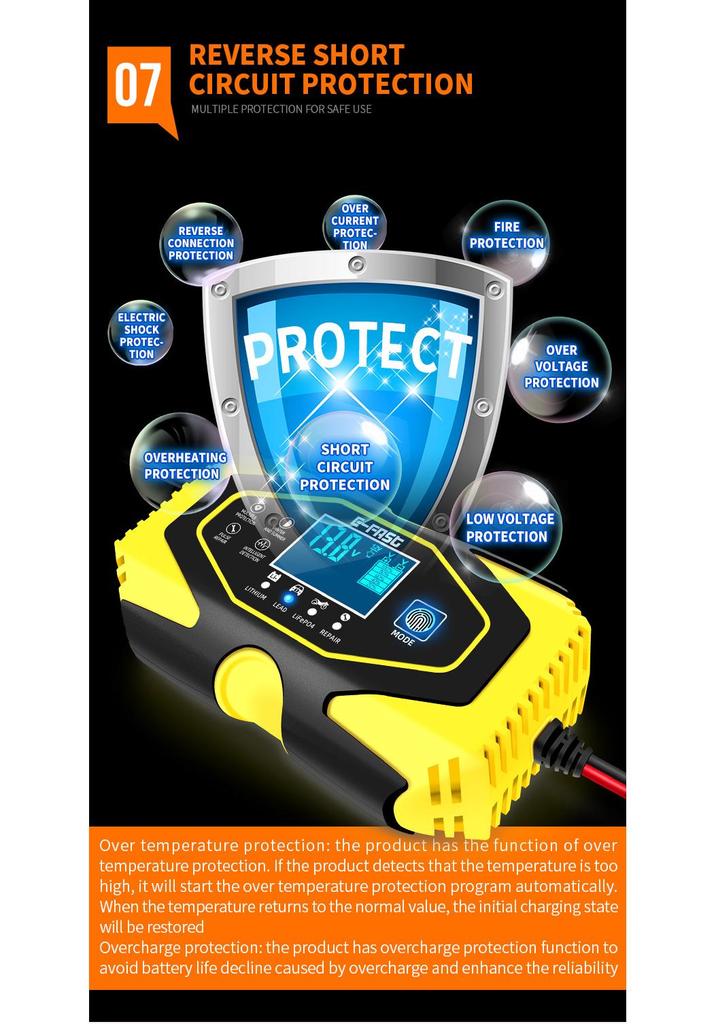 E-FAST Smart Charger for Lithium & Lead-Acid Batteries with Current & Voltage Display for Cars & Motorcycles