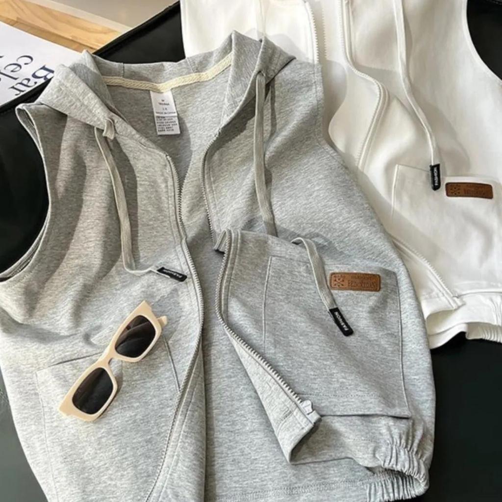 Damen Frühling/Sommer Ärmellose Kapuzenweste Koreanischer Stil Reißverschluss-Vorderseite Strickjacke Jacke