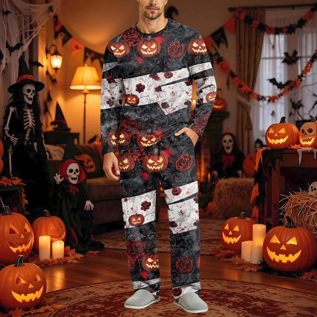 Men's Halloween Pajama Set Long Sleeve Long Pants with Crotch Buttons and Elastic Drawstring Waist