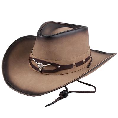 Cowboyhoeden Vrouw Westerse Brede Rand Fedora Hoed Met Touw Metalen Stier Hoofd Decoratie Echt Lederen Cap Jazz Rijden Hoeden voor Mannen
