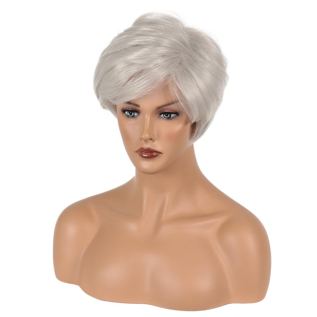 European and American Style Middle Aged and Older Women's Daily Use Natural Looking Synthetic Fiber Silver Gray Short Straight Wig