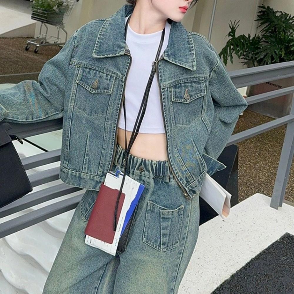 Y2K Jeans Jacket Suit Wide Leg Pants Girls Clothes Set Outfits Children Cowboy Set  Students