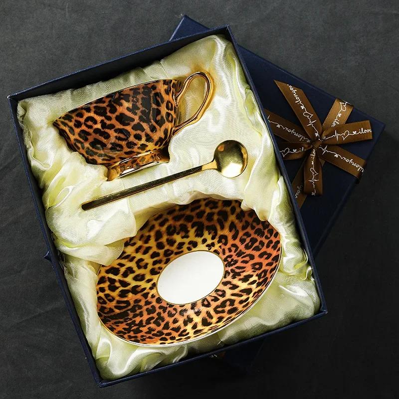 Retro Leopard Print Ceramic Coffee Cup and Dish Set Afternoon Tea Cups Breakfast Cup Water Cups Milk Mug Milk Tea Mug Teacup