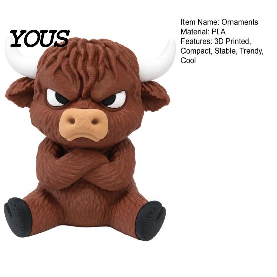 Trendy Animal Figurine 3D Printed Angry Highland Cow Figurine, Cute Attitude Desktop Cool Office Accessories Ornament, Sitting Statue for Home