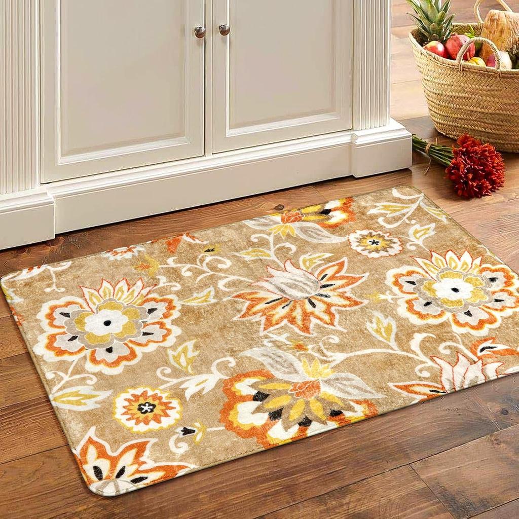 Lahome Floral Washable Living Room Area Rug - 3x5 Non-Slip Low-Pile Rugs for Entryway, Throw Small Stain Resistant Kitchen Rugs