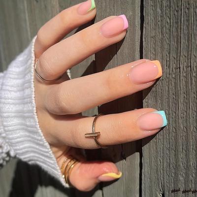 Short Square Press On Nails - Glossy, Colorful French Tip, Acrylic False Nails for Women and Girls, 24pcs