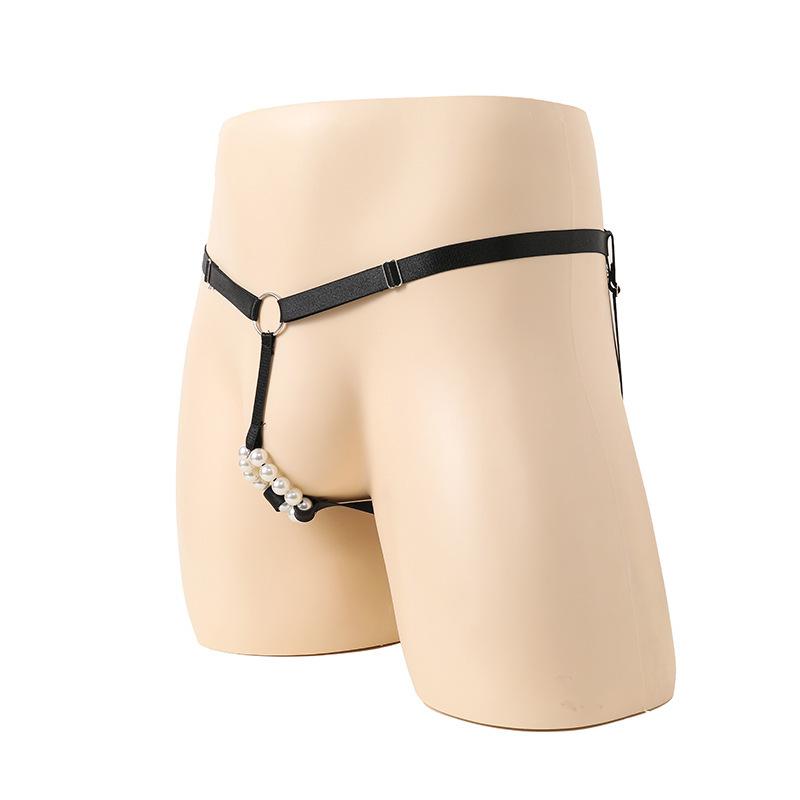 Sissy Dessous Herren O-Ring Perlen Jockstrap Taille Verstellbar Sexy Schrittloser G-String Tanga Offene Vorderseite Penis Loch Bikini Höschen