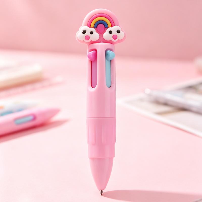 23Pcs Random Cartoon Cute Rainbow Cloud Topper Four-Color Ballpoint Pens, Portable Multifunctional Writing Pens,Office&Student Stationery