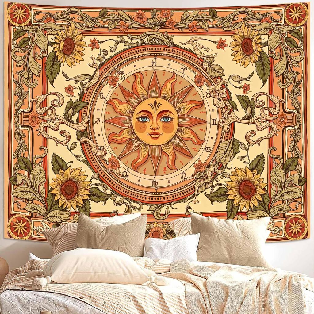 VIKAMA Tapiz Sol Luna Dormitorio Hippie Bohemio Flor Tapiz de Pared Flor Retro Plantas Espíritu Celestial Gran Tapiz