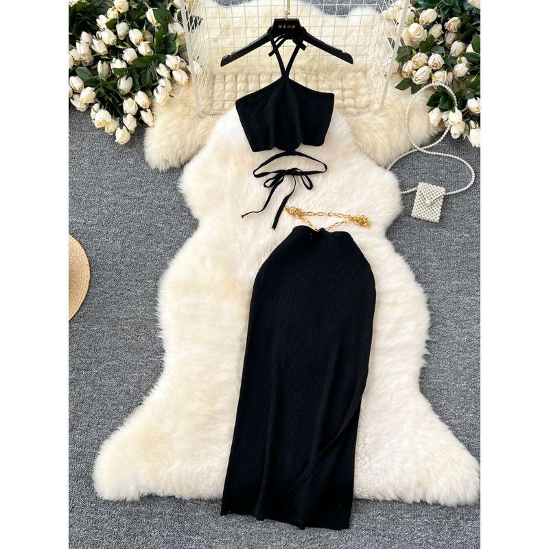 Pure Desire Sexy Waist Trimming Halter Spaghetti Straps Vest Women's Chain Design Slim-Fit Slit Hip-Wrapped Skirt Knitting Suit