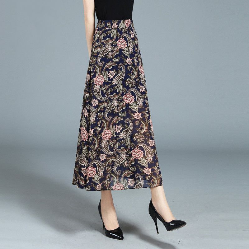 Summer Women's A-line Skirt Chiffon Half Skirt High Waist Printed Large Swing Skirt Floral Mid Length Long Skirt
