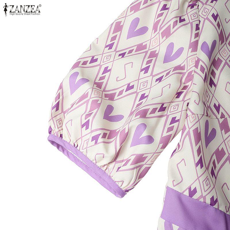 ZANZEA Damska codzienna sukienka letnia z okrągłym dekoltem i krótkim rękawem z nadrukiem