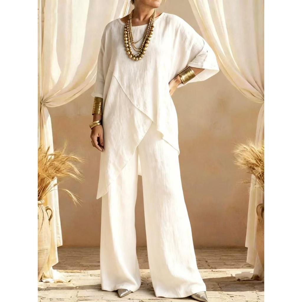 Women's Round Neck Irregular Hem 3/4 Sleeve Linen Look Top and Wide Leg Pants 2 Piece Casual Outfit