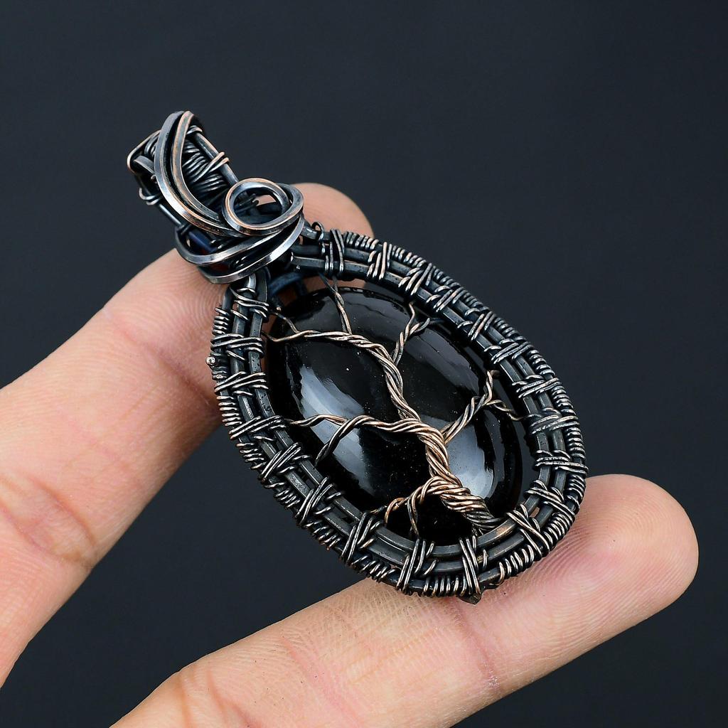 Black Obsidian Gemstone Handmade Pure Copper Wire Wrap Jewelry Pendant For Women