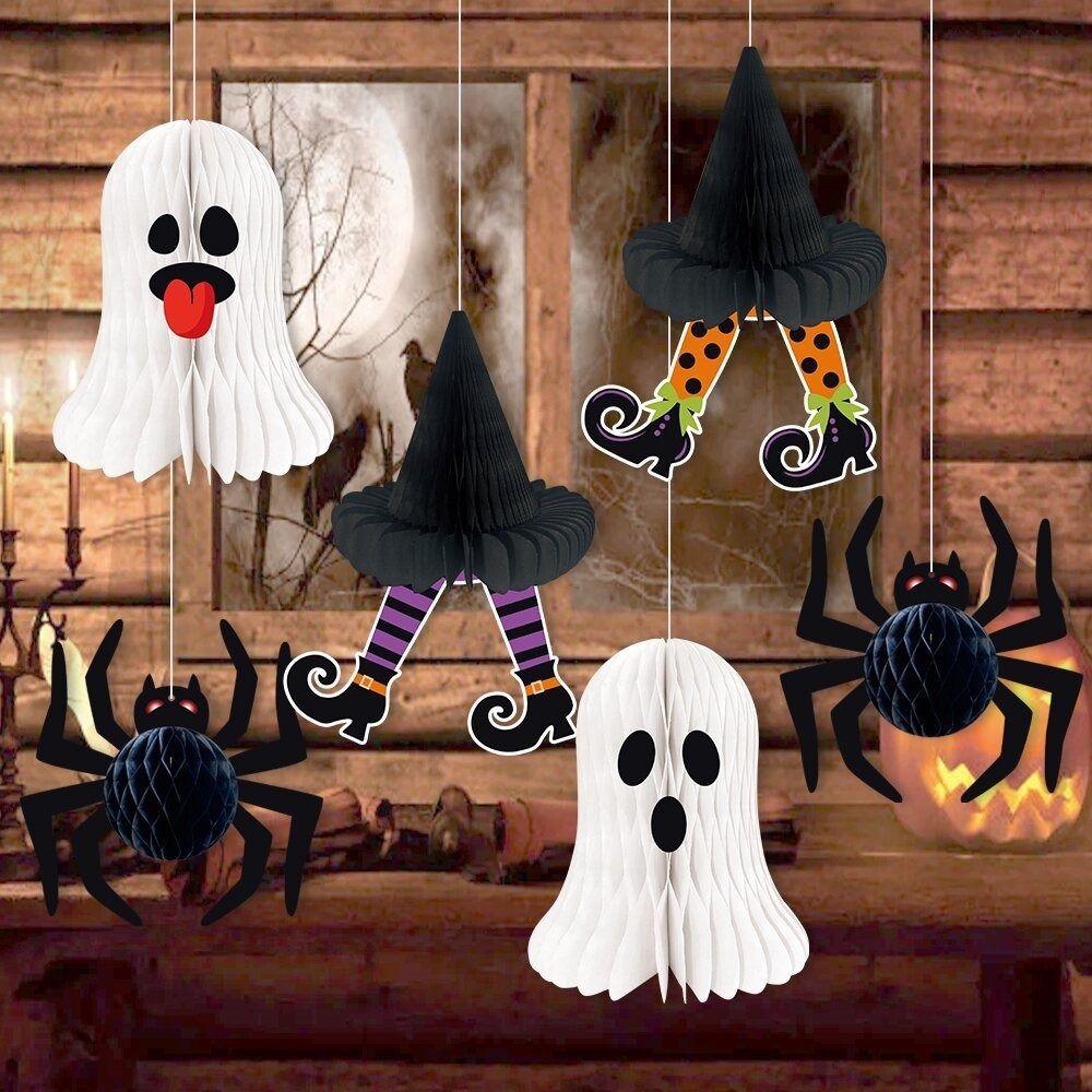 3D Honeycomb Design Halloween Honeycomb Ball Pendant Paper Craft Material Ceiling Mountable Hanging Halloween Ornaments