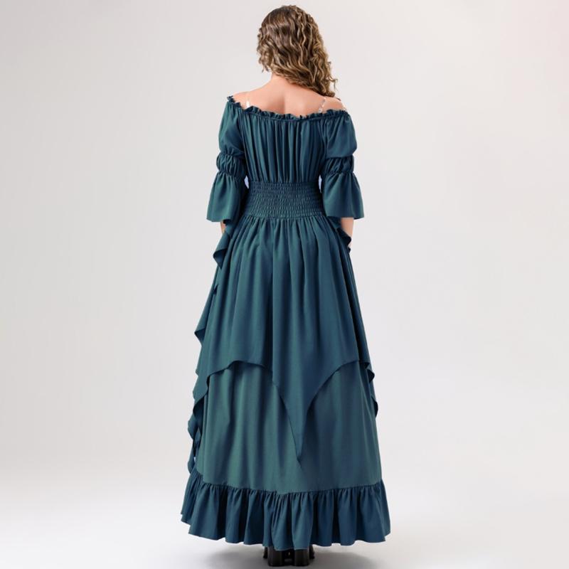 Middle Ages Renaissance off shoulder long dress, flowing flared sleeve dress with ruffles, women's retro court attire