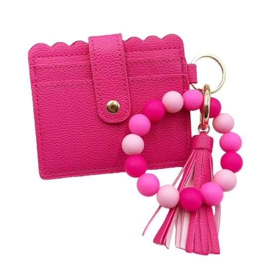 Silicone Bracelet Keychain Wallet Beaded Wristlet Credit Card Holder with Tassel Slim Card Wallet with ID