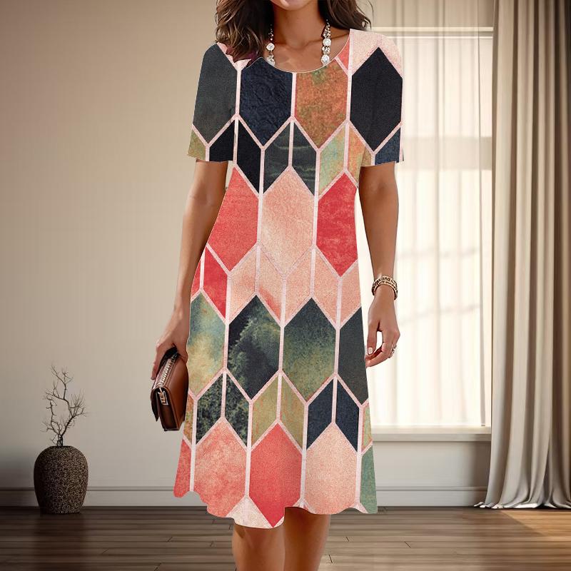 Women's Fashion Graceful Simple Grid Print Summer Spring Short Sleeve O-Neck Casual Dresses