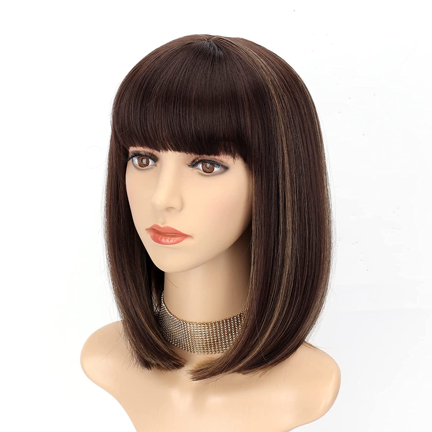 

XINRAN Короткий коричневый парик Боб с челкой Синтетические каштановые волосы Боб Парики для женщин Термостойкие парики Боб до плеч для повседневной вечеринки