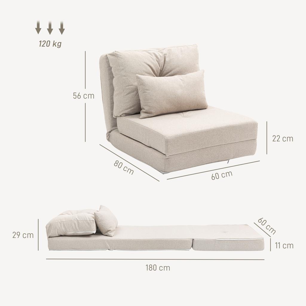 Floor Chair Folding Mattress Sleeping Mat, 2-in-1 Design, Removable Cushion, 60 x 80 x 56 cm, Beige