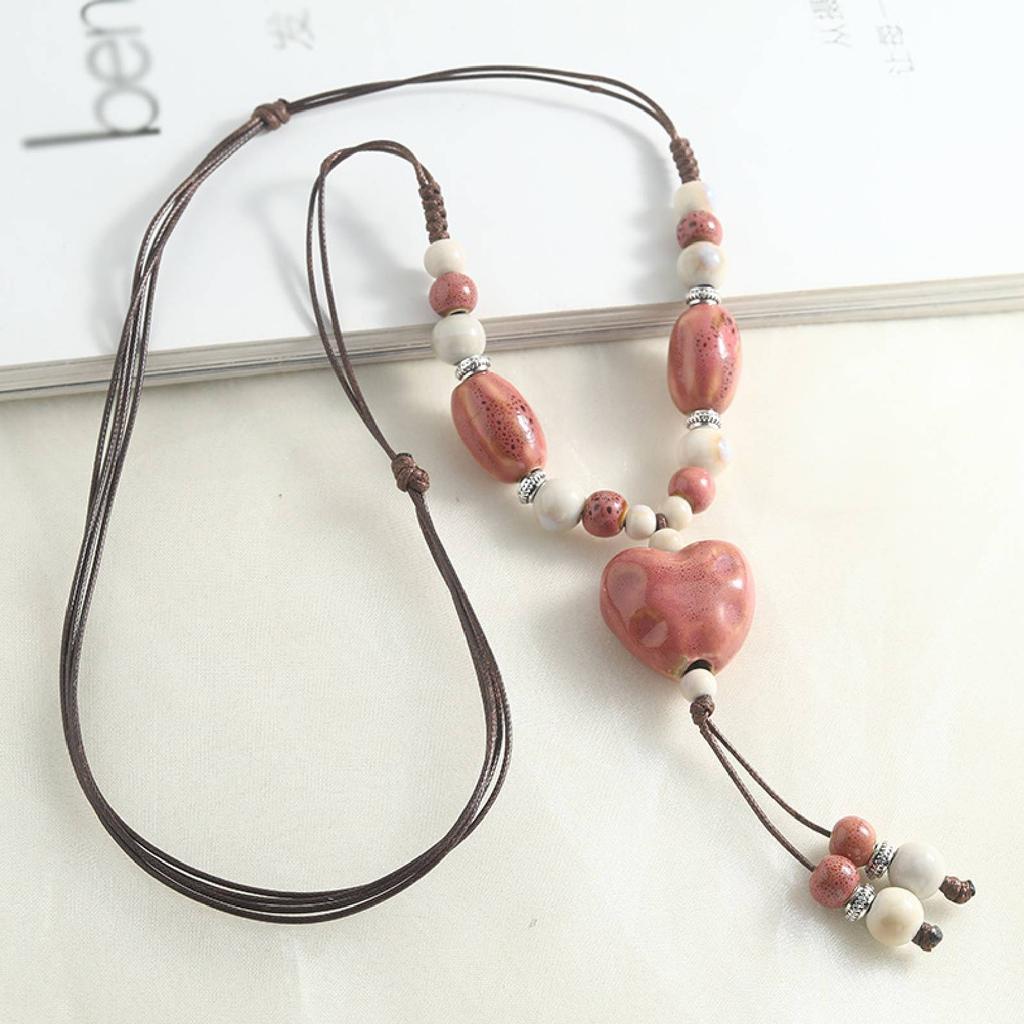 Handmade Heart-shaped Ceramic Pendant Necklace for Women Men Adjustable Necklace Ethnic Style Jewelry Gift